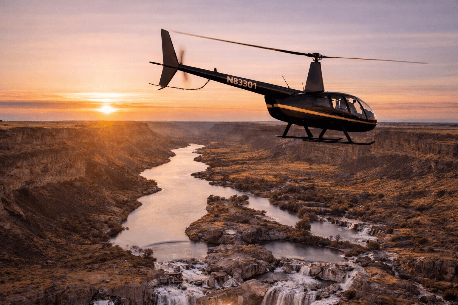 Real Snake River Helicopters flight over the canyon at sunset